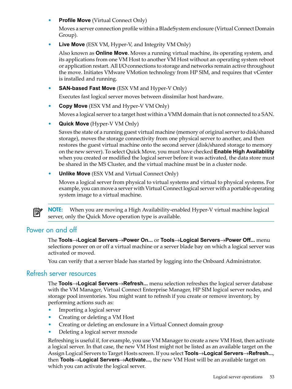 Power on and off, Refresh server resources, Power on and off refresh server resources | HP Matrix Operating Environment Software User Manual | Page 53 / 132