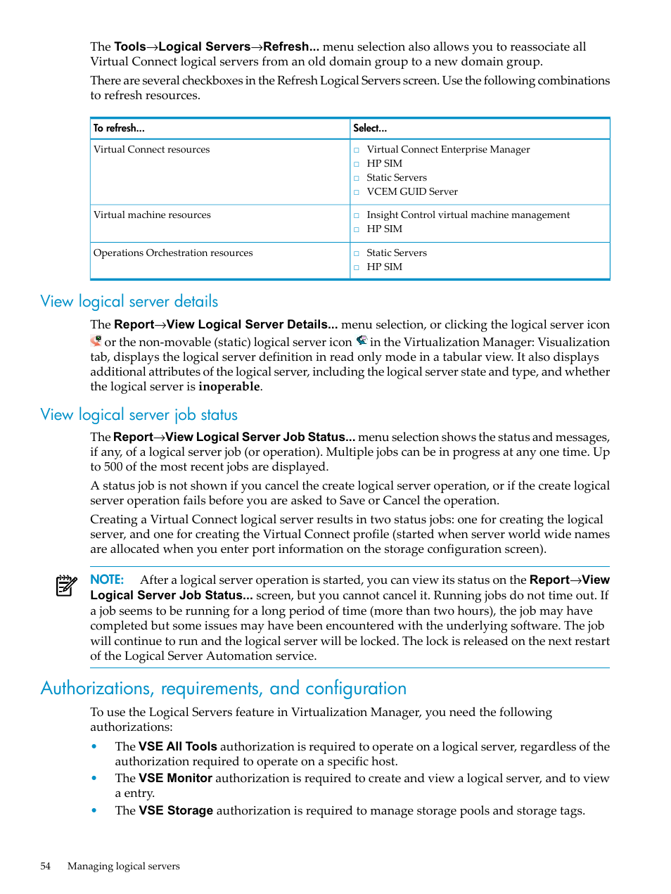 View logical server details, View logical server job status, Authorizations, requirements, and configuration | Authorizations, requirements, and | HP Matrix Operating Environment Software User Manual | Page 54 / 132