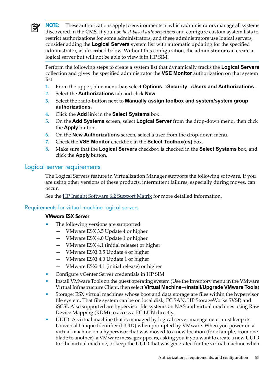 Logical server requirements, Requirements for virtual machine logical servers | HP Matrix Operating Environment Software User Manual | Page 55 / 132