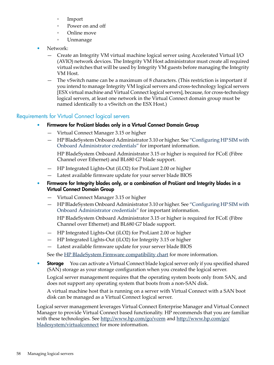 Requirements for virtual connect logical servers | HP Matrix Operating Environment Software User Manual | Page 58 / 132