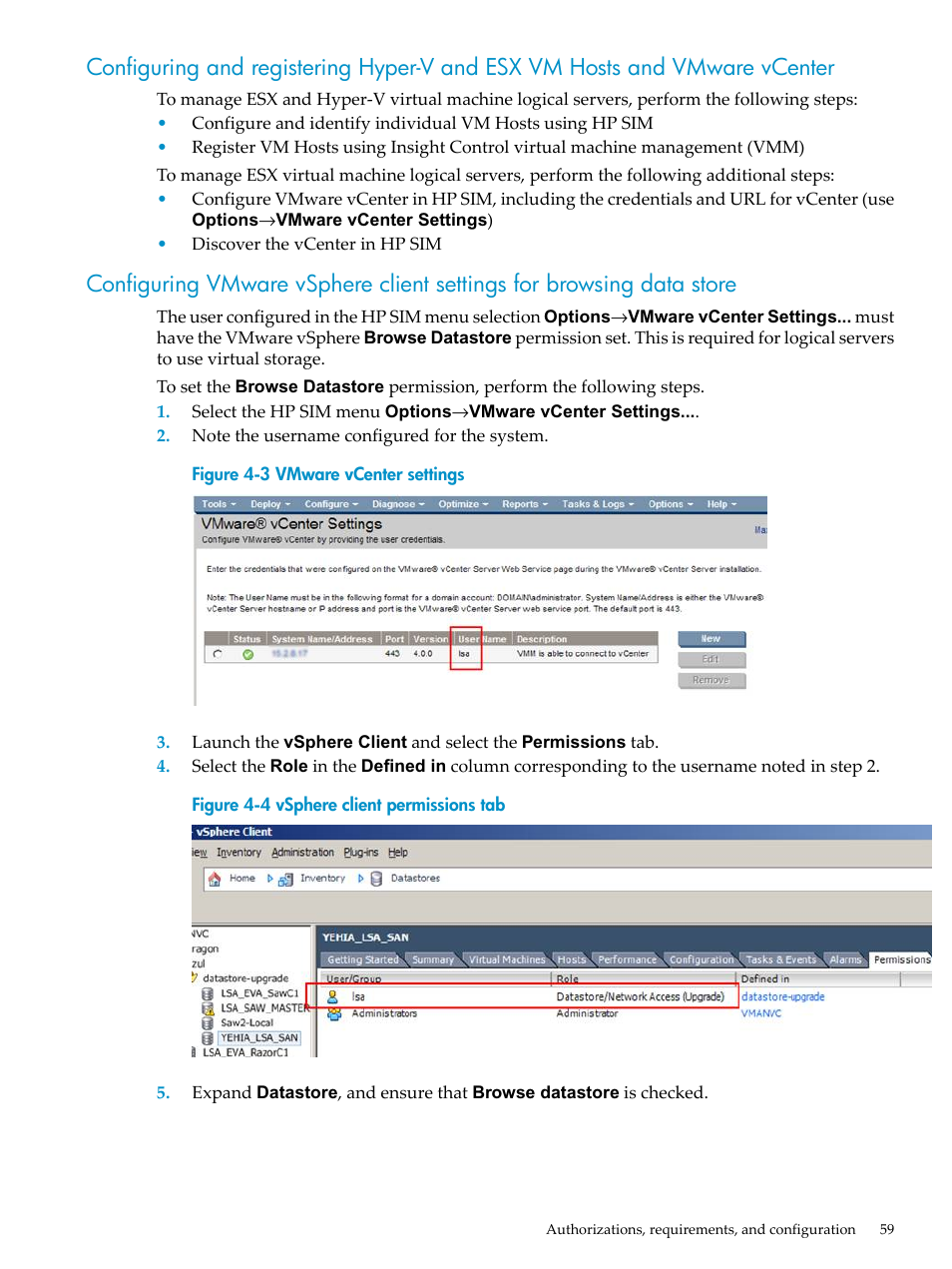 Vmware vcenter settings, Vsphere client permissions tab | HP Matrix Operating Environment Software User Manual | Page 59 / 132