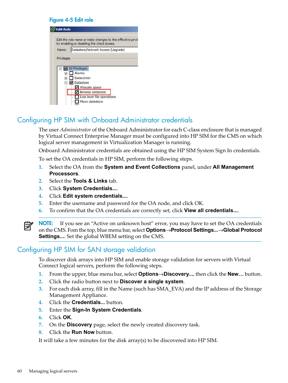 Configuring hp sim for san storage validation, Edit role, Configuring hp sim with | Onboard administrator credentials | HP Matrix Operating Environment Software User Manual | Page 60 / 132