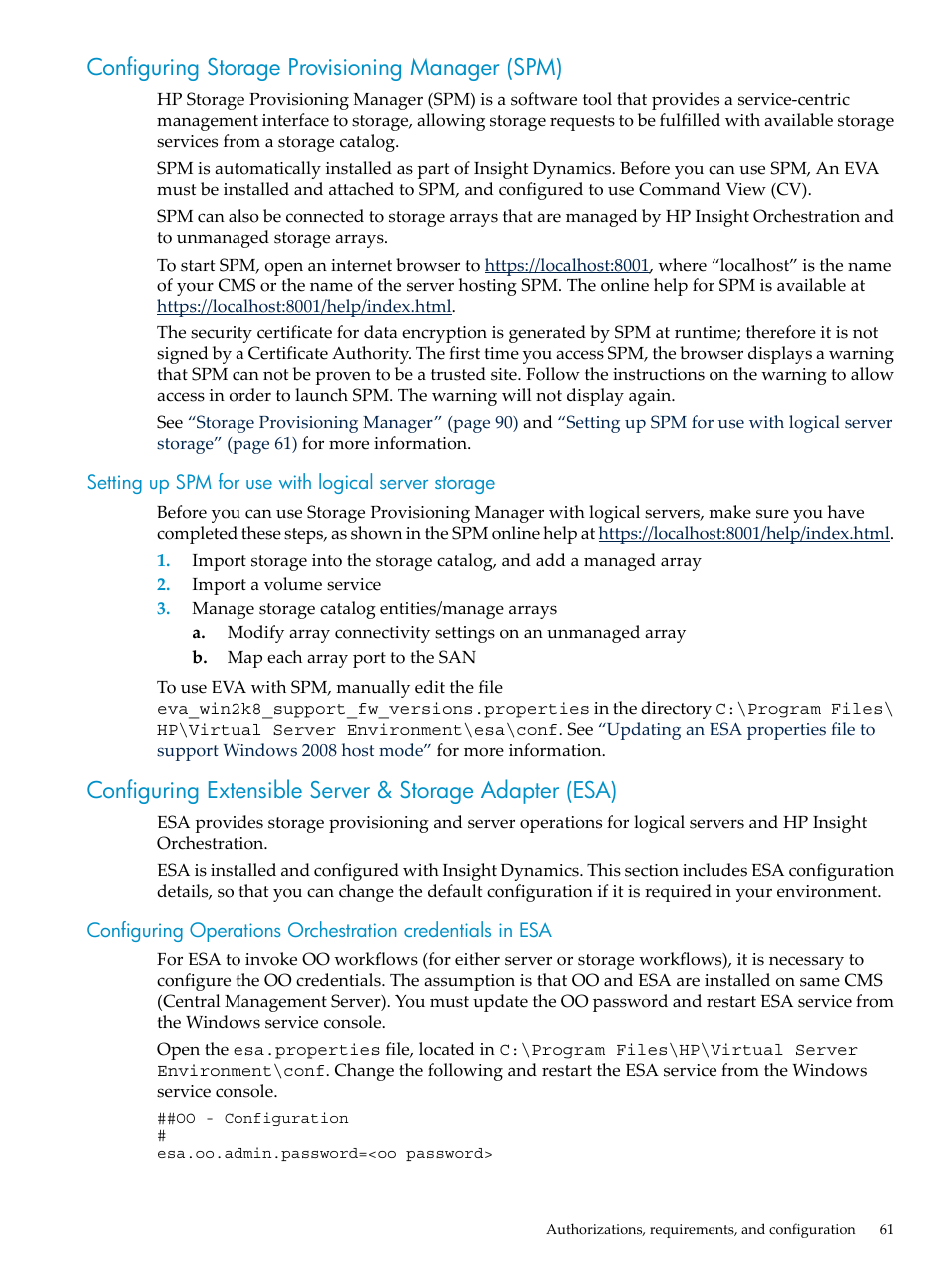 Configuring storage provisioning manager (spm), Setting up spm for use with logical server storage | HP Matrix Operating Environment Software User Manual | Page 61 / 132