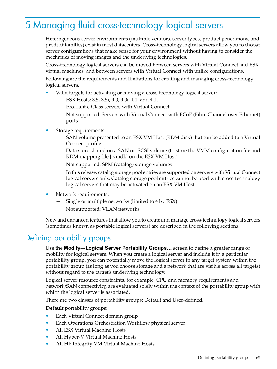 5 managing fluid cross-technology logical servers, Defining portability groups | HP Matrix Operating Environment Software User Manual | Page 65 / 132