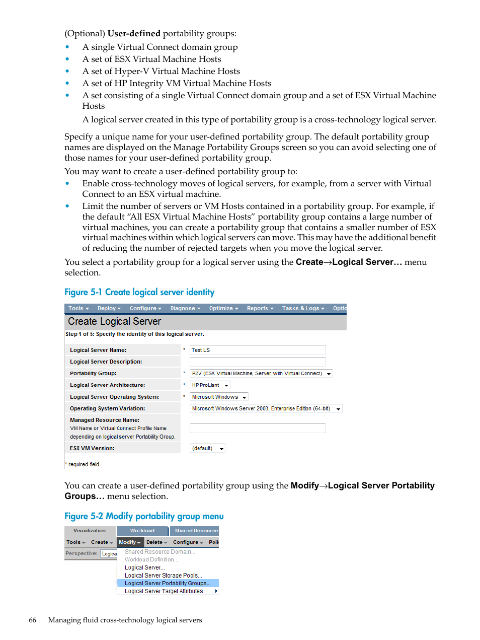 Create logical server identity, Modify portability group menu | HP Matrix Operating Environment Software User Manual | Page 66 / 132