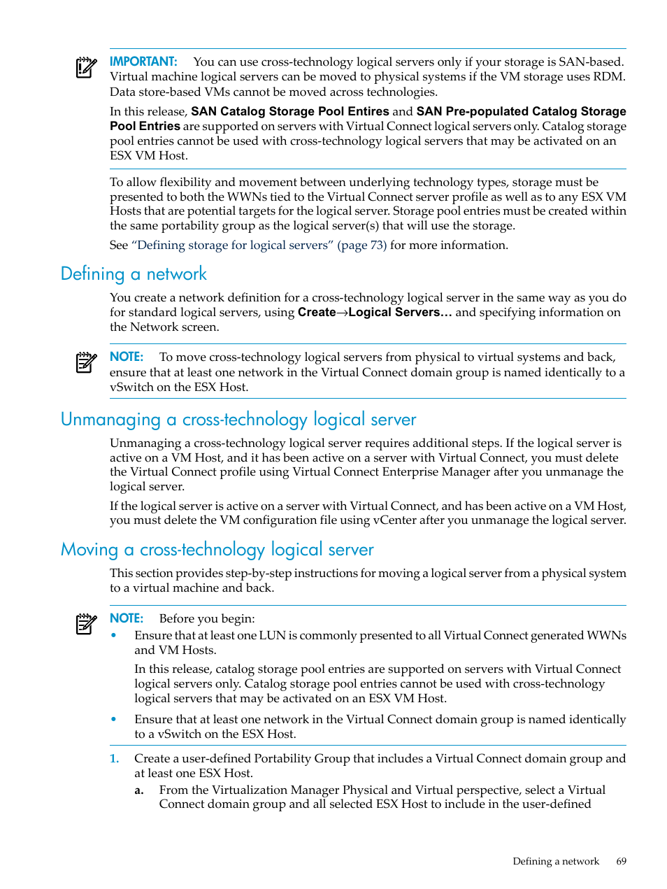 Defining a network, Unmanaging a cross-technology logical server, Moving a cross-technology logical server | HP Matrix Operating Environment Software User Manual | Page 69 / 132