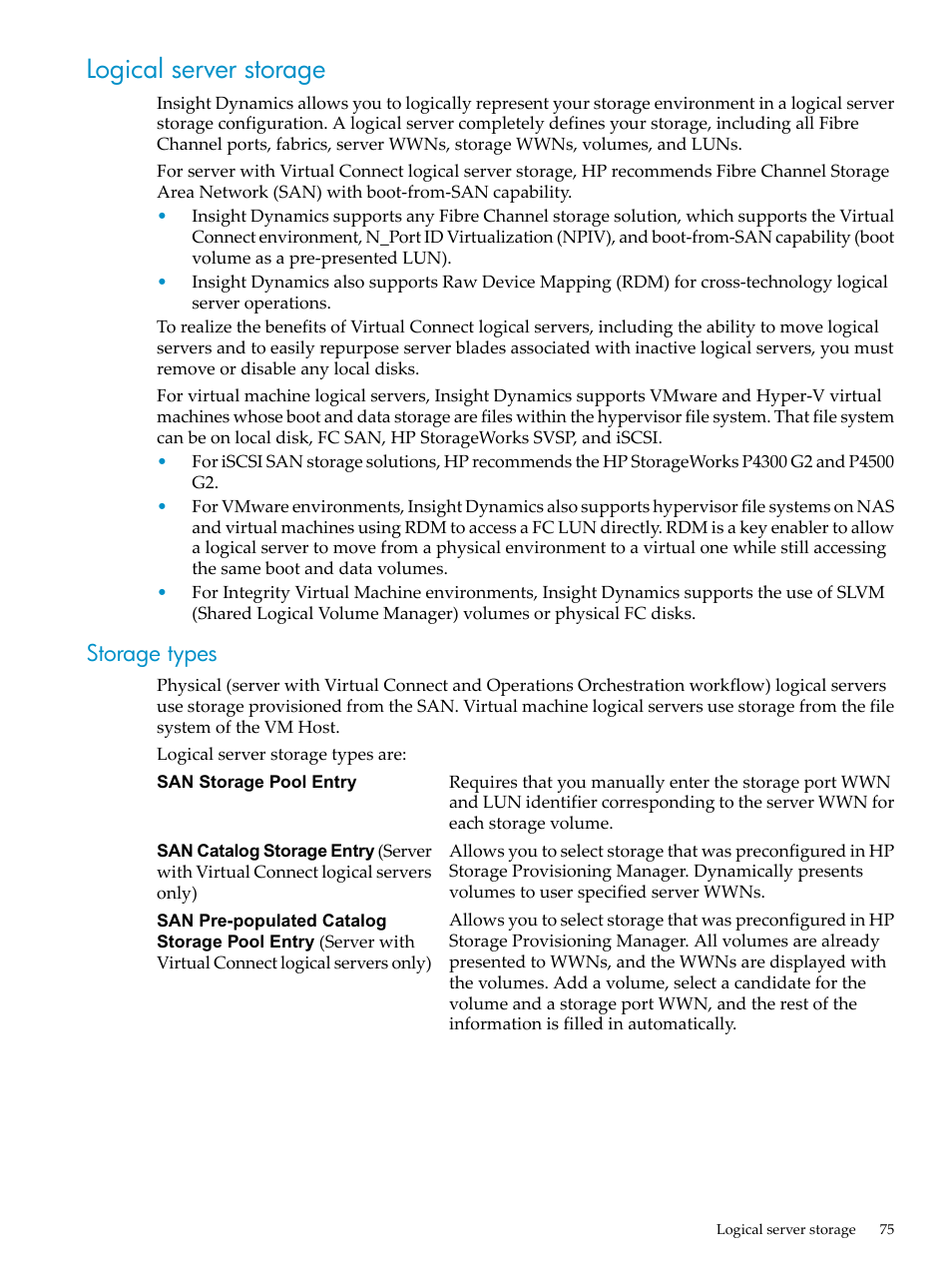 Logical server storage, Storage types | HP Matrix Operating Environment Software User Manual | Page 75 / 132