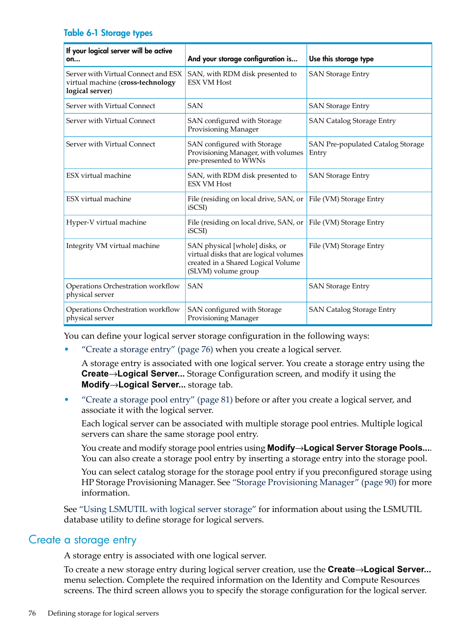 Create a storage entry, Storage types | HP Matrix Operating Environment Software User Manual | Page 76 / 132