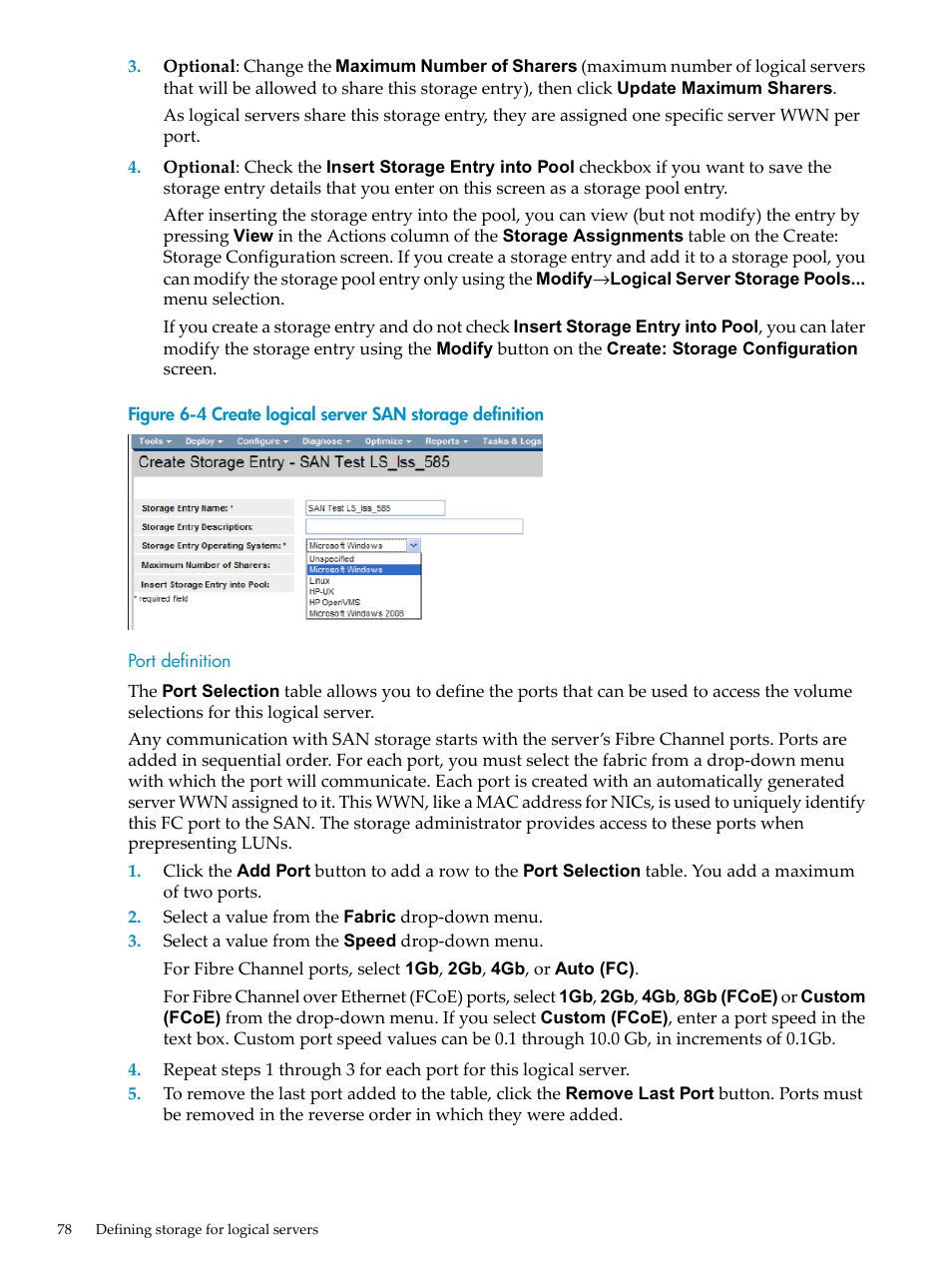 Port definition, Create logical server san storage definition | HP Matrix Operating Environment Software User Manual | Page 78 / 132