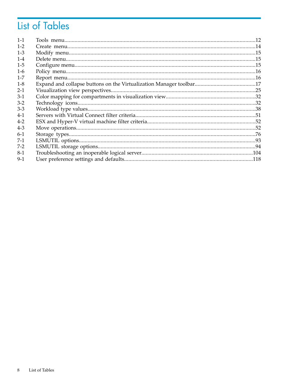 List of tables | HP Matrix Operating Environment Software User Manual | Page 8 / 132