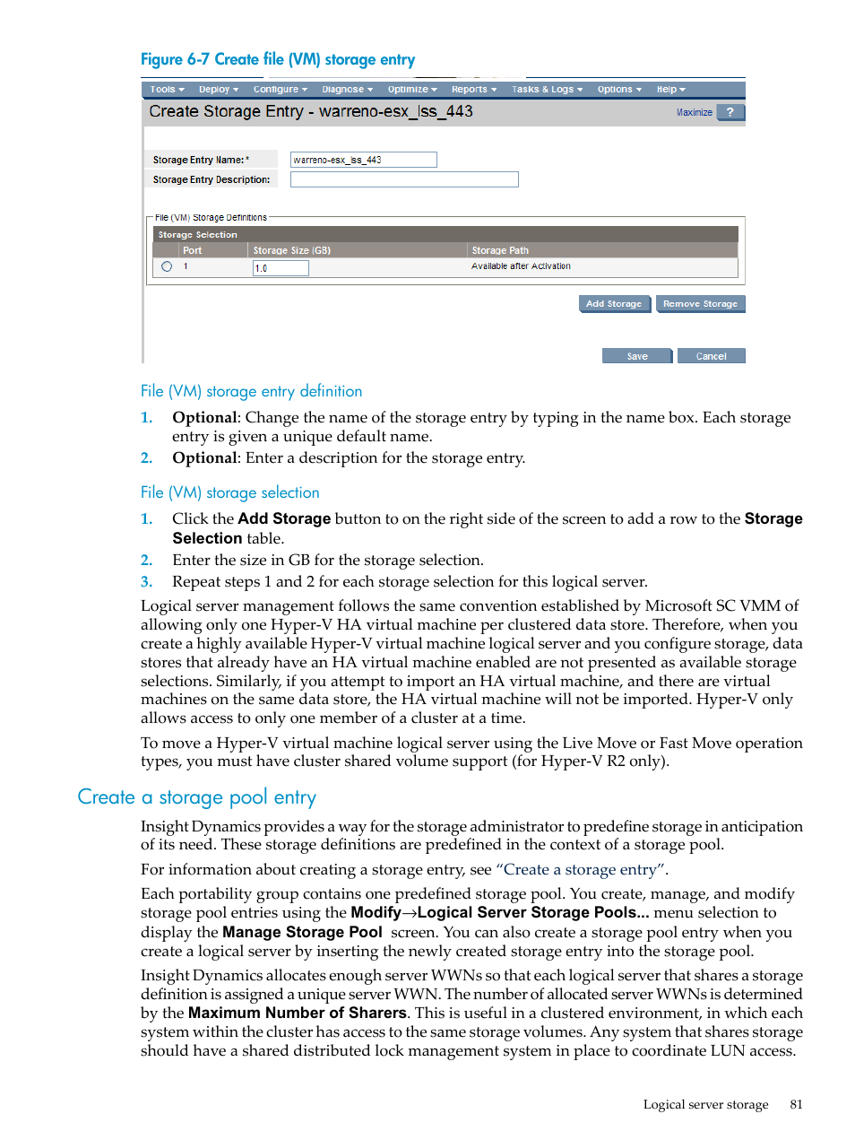 File (vm) storage entry definition, File (vm) storage selection, Create a storage pool entry | Create file (vm) storage entry | HP Matrix Operating Environment Software User Manual | Page 81 / 132