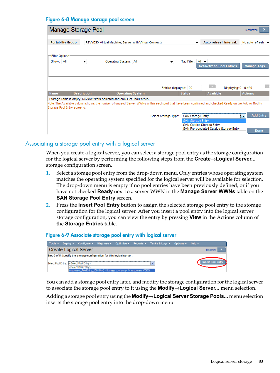 Manage storage pool screen, Associate storage pool entry with logical server | HP Matrix Operating Environment Software User Manual | Page 83 / 132