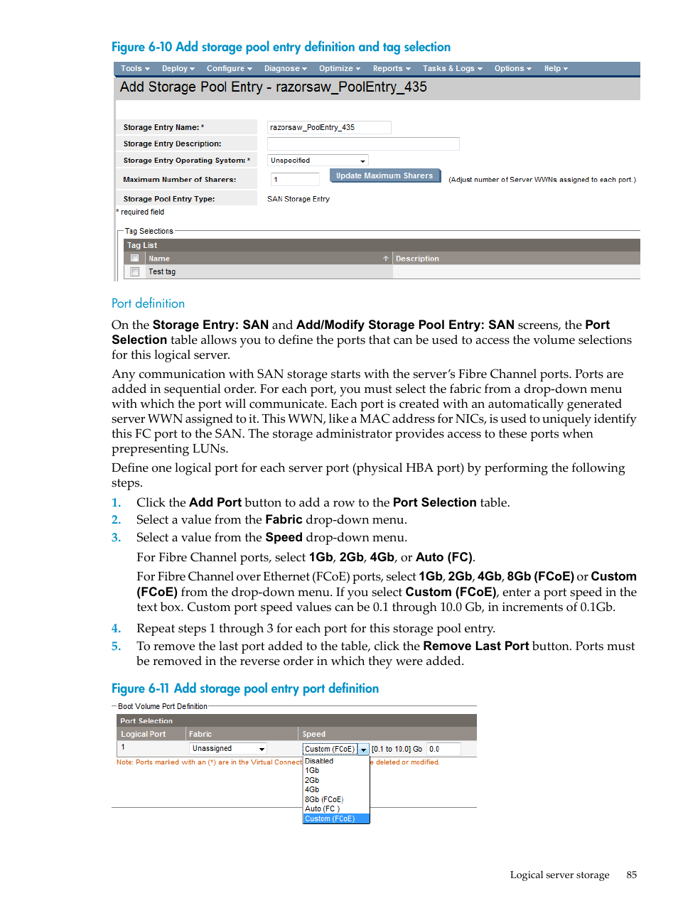 Port definition, Add storage pool entry port definition | HP Matrix Operating Environment Software User Manual | Page 85 / 132