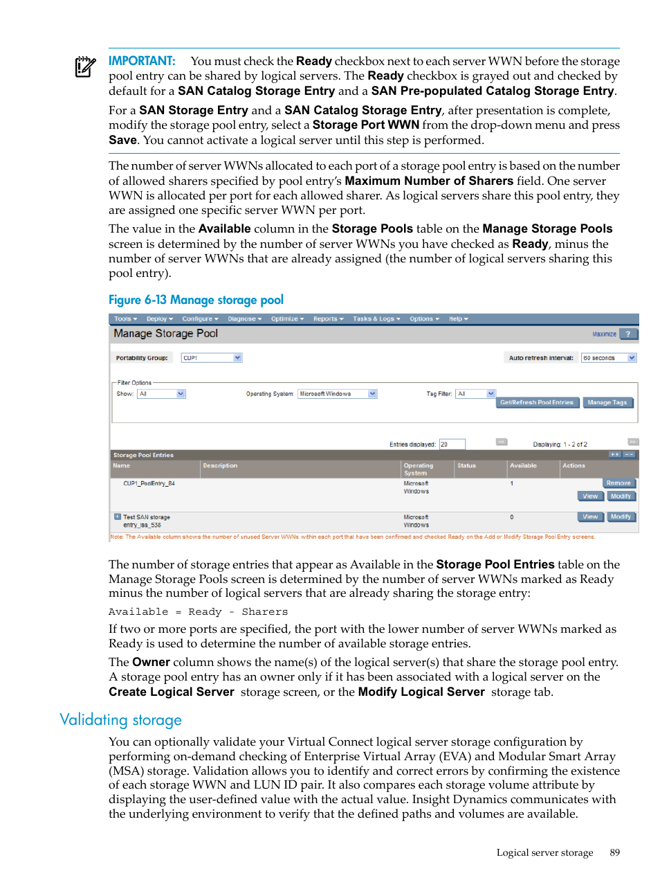 Validating storage, Manage storage pool | HP Matrix Operating Environment Software User Manual | Page 89 / 132