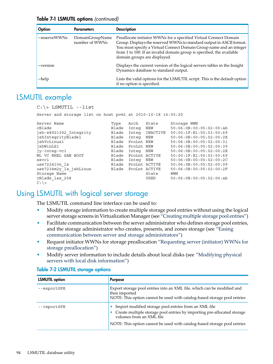 Lsmutil example, Using lsmutil with logical server storage, Lsmutil storage options | Using lsmutil, With logical server storage | HP Matrix Operating Environment Software User Manual | Page 94 / 132