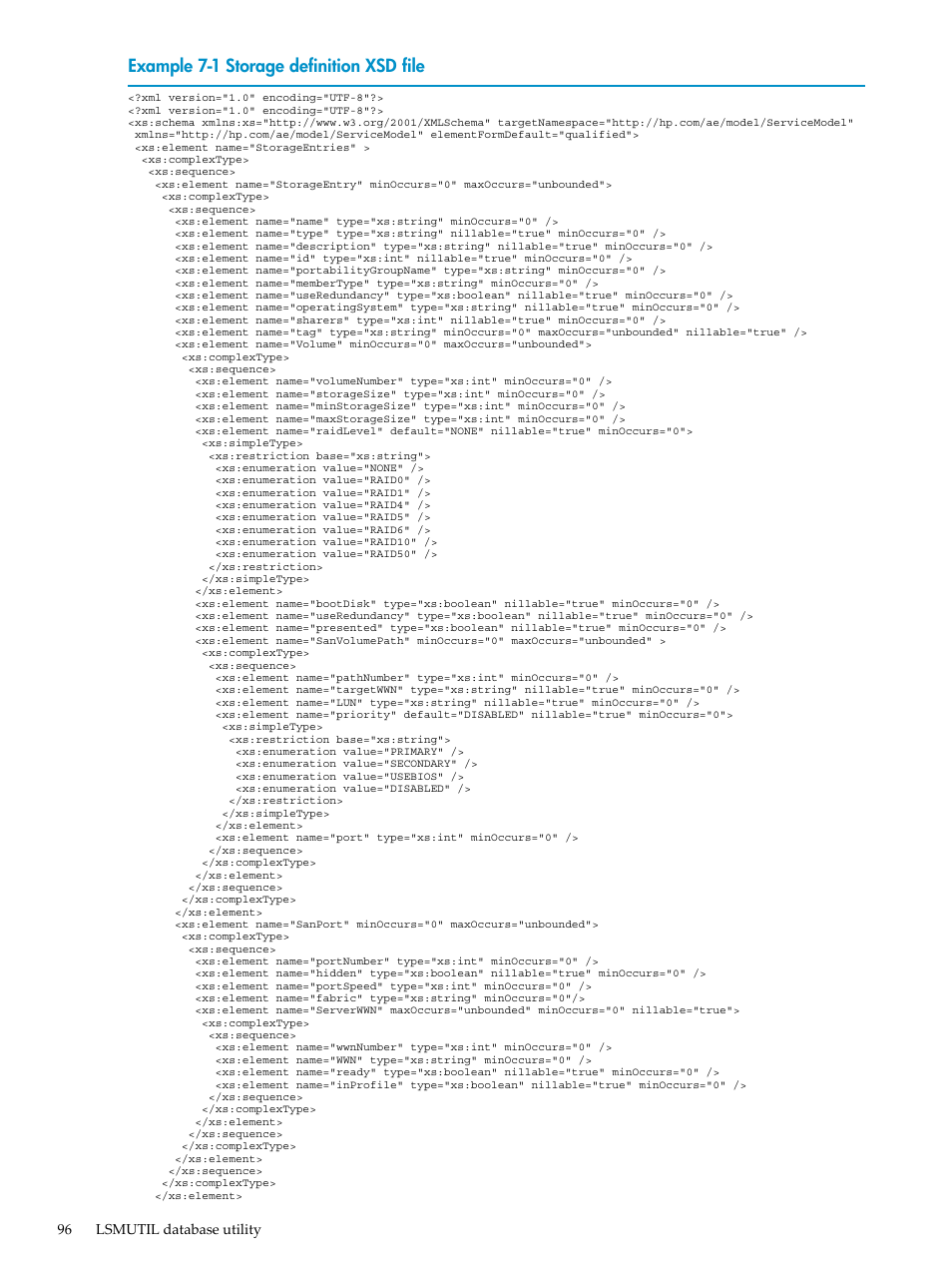 Storage definition xsd file, Example 7-1 “storage definition xsd file | HP Matrix Operating Environment Software User Manual | Page 96 / 132