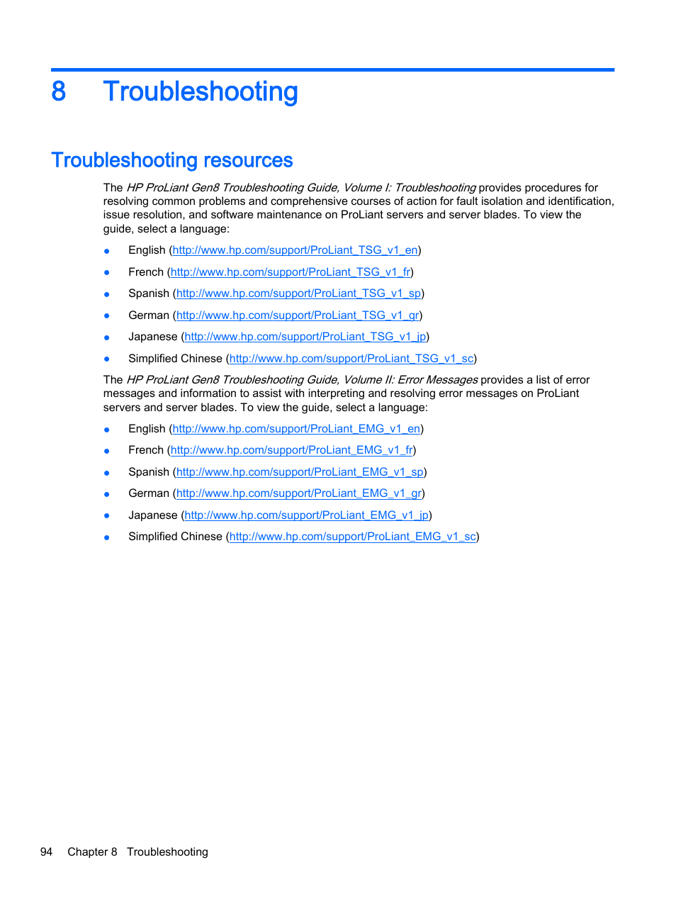 Troubleshooting, Troubleshooting resources, 8 troubleshooting | 8troubleshooting | HP DL380z Gen8 Virtual Workstation User Manual | Page 100 / 111