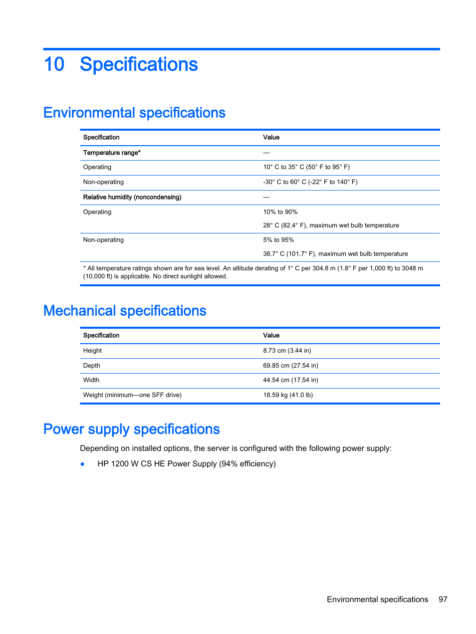 Specifications, Environmental specifications, Mechanical specifications | Power supply specifications, 10 specifications | HP DL380z Gen8 Virtual Workstation User Manual | Page 103 / 111