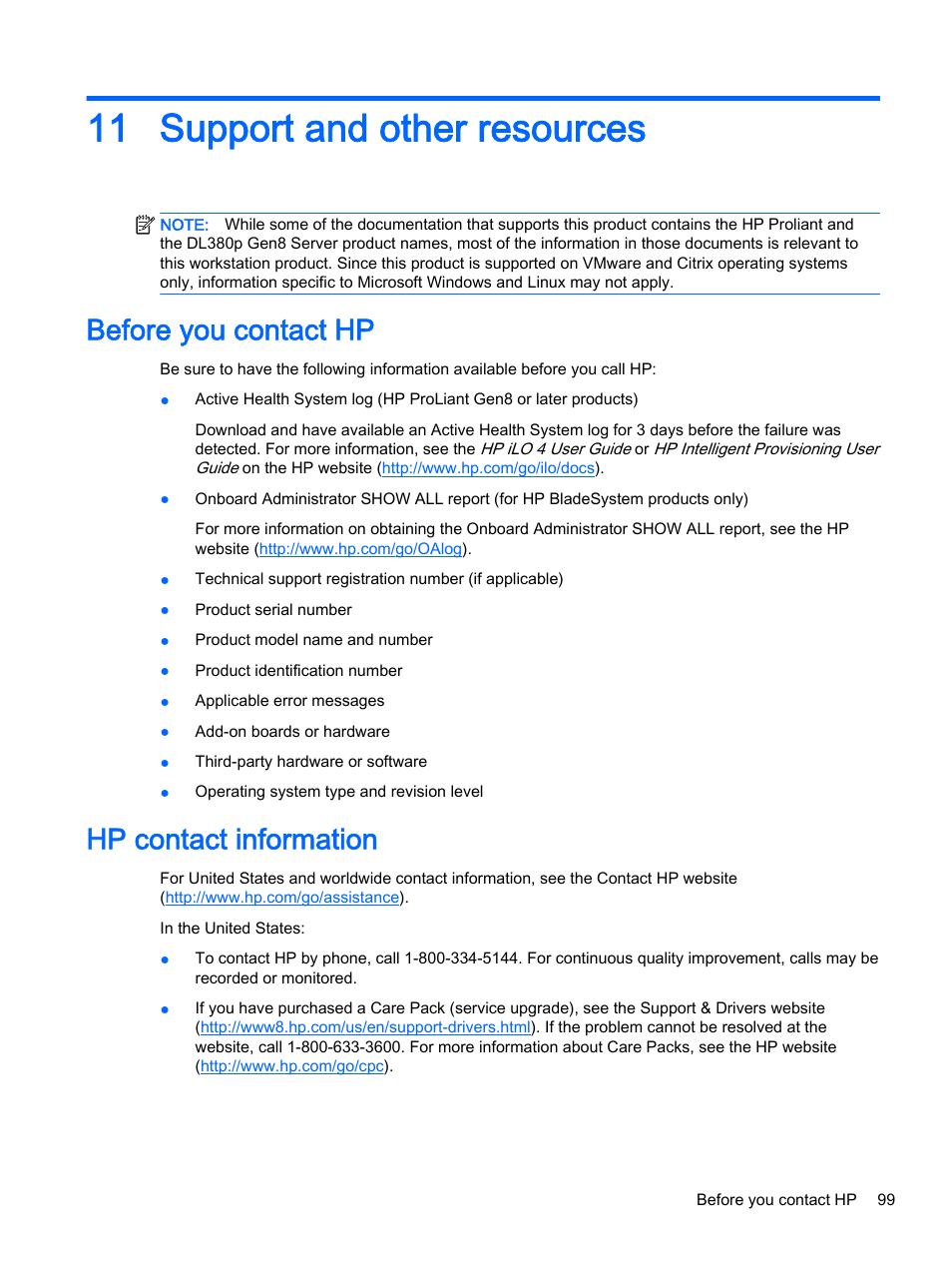 Support and other resources, Before you contact hp, Hp contact information | 11 support and other resources, Before you contact hp hp contact information | HP DL380z Gen8 Virtual Workstation User Manual | Page 105 / 111