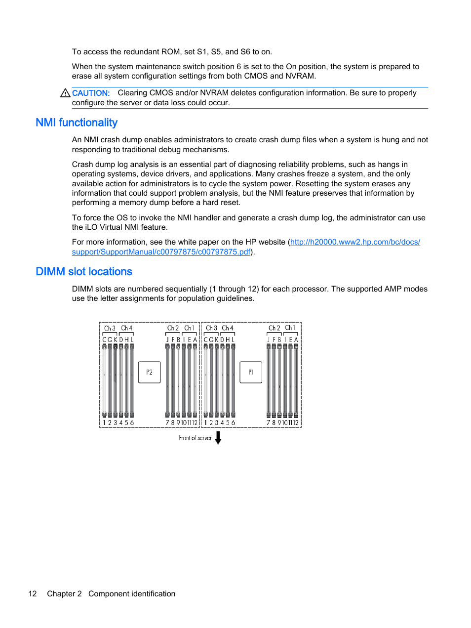 Nmi functionality, Dimm slot locations, Nmi functionality dimm slot locations | HP DL380z Gen8 Virtual Workstation User Manual | Page 18 / 111
