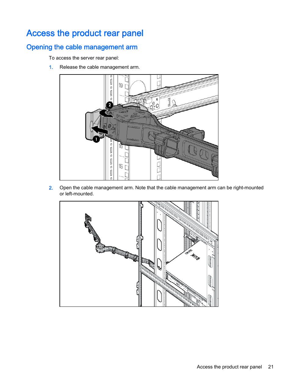 Access the product rear panel, Opening the cable management arm | HP DL380z Gen8 Virtual Workstation User Manual | Page 27 / 111