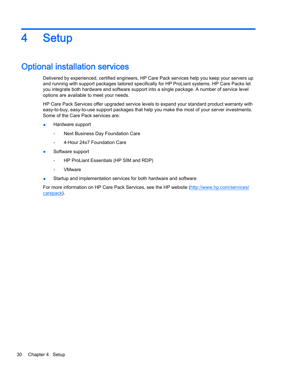 Setup, Optional installation services, 4 setup | 4setup | HP DL380z Gen8 Virtual Workstation User Manual | Page 36 / 111