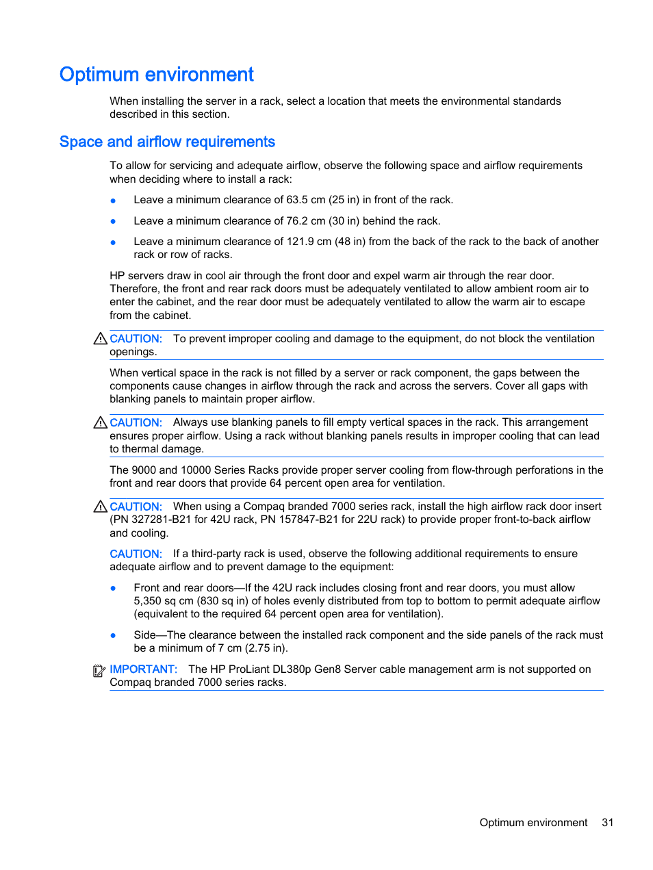 Optimum environment, Space and airflow requirements | HP DL380z Gen8 Virtual Workstation User Manual | Page 37 / 111