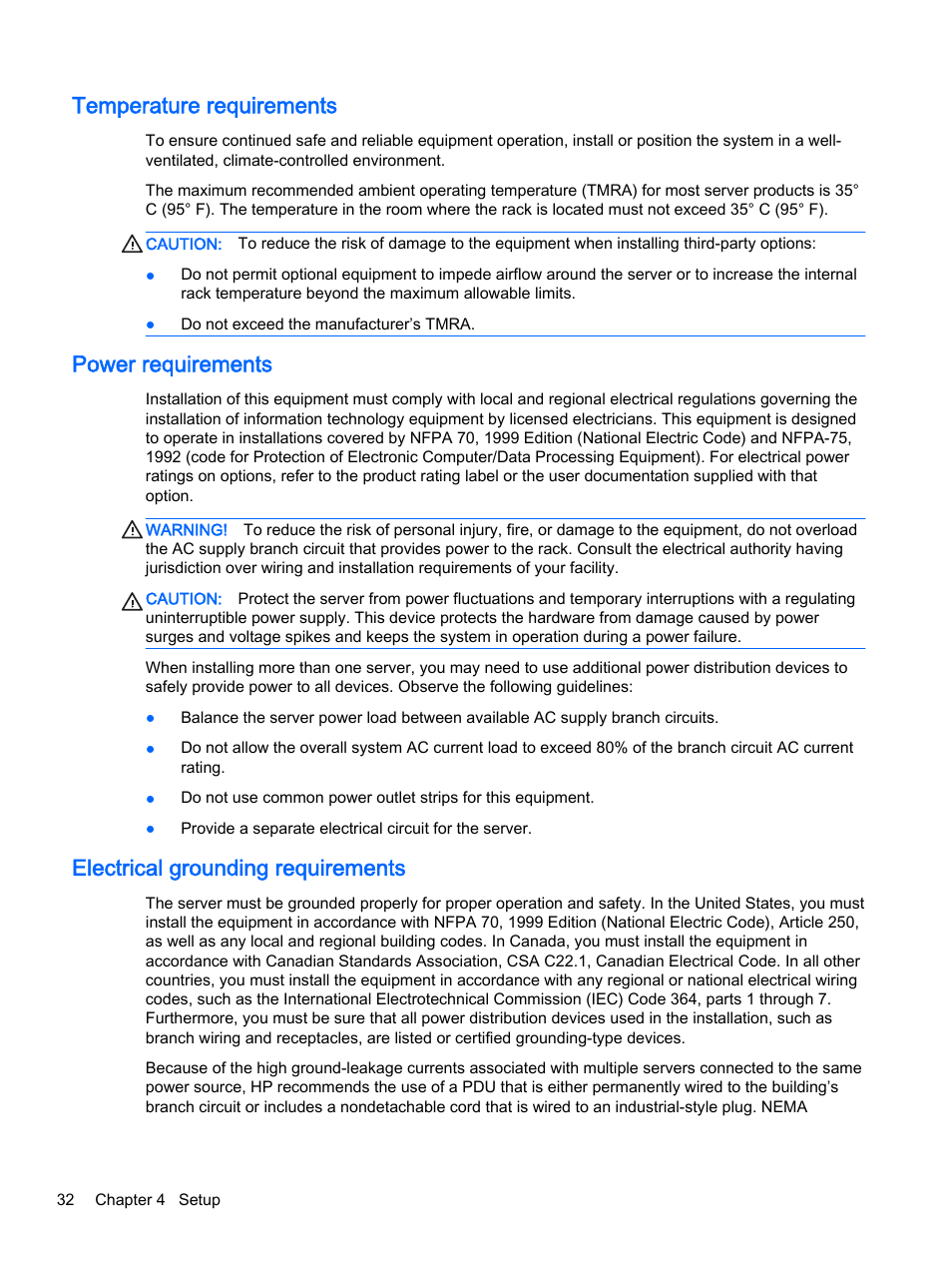Temperature requirements, Power requirements, Electrical grounding requirements | HP DL380z Gen8 Virtual Workstation User Manual | Page 38 / 111