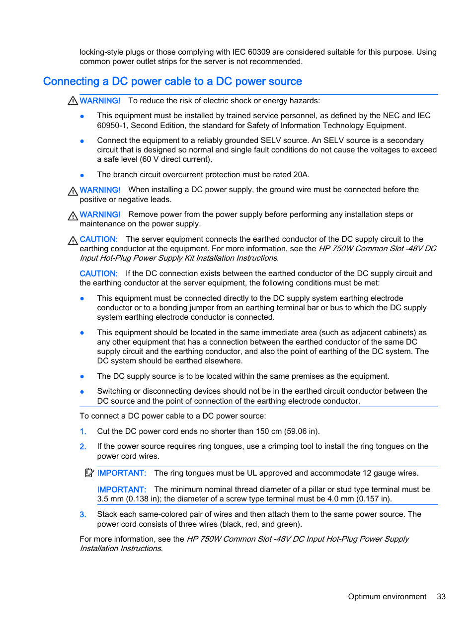 Connecting a dc power cable to a dc power source | HP DL380z Gen8 Virtual Workstation User Manual | Page 39 / 111