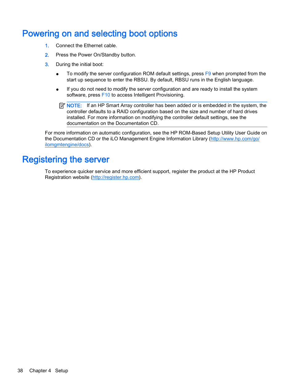 Powering on and selecting boot options, Registering the server | HP DL380z Gen8 Virtual Workstation User Manual | Page 44 / 111