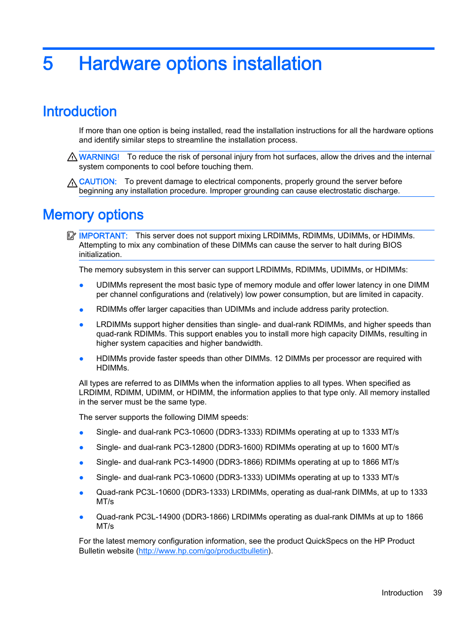 Hardware options installation, Introduction, Memory options | 5 hardware options installation, Introduction memory options, 5hardware options installation | HP DL380z Gen8 Virtual Workstation User Manual | Page 45 / 111