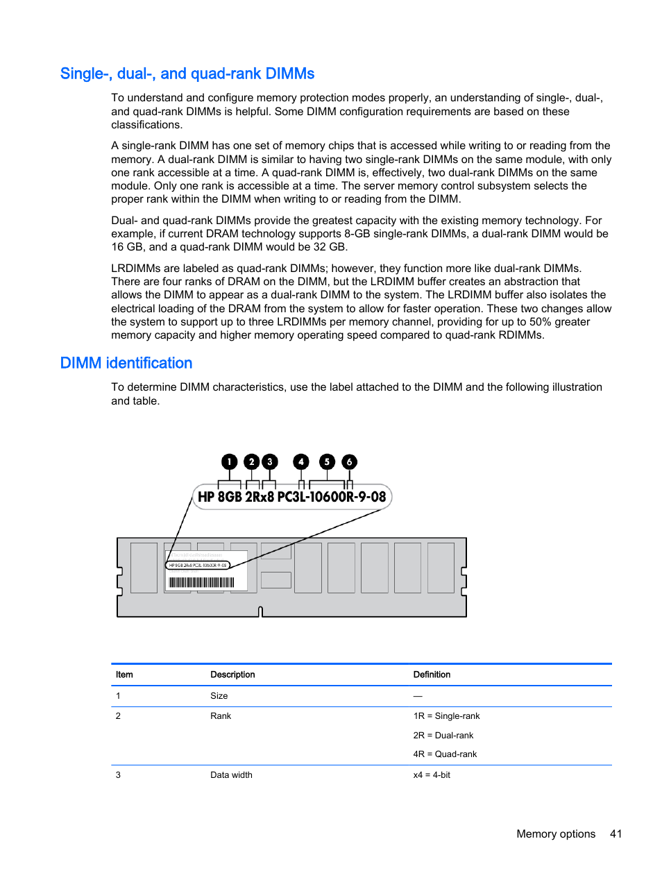 Single-, dual-, and quad-rank dimms, Dimm identification | HP DL380z Gen8 Virtual Workstation User Manual | Page 47 / 111