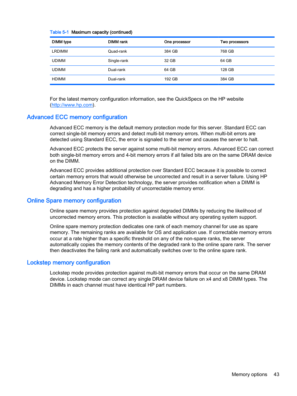 Advanced ecc memory configuration, Online spare memory configuration, Lockstep memory configuration | HP DL380z Gen8 Virtual Workstation User Manual | Page 49 / 111