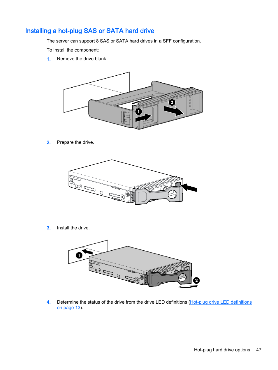 Installing a hot-plug sas or sata hard drive | HP DL380z Gen8 Virtual Workstation User Manual | Page 53 / 111