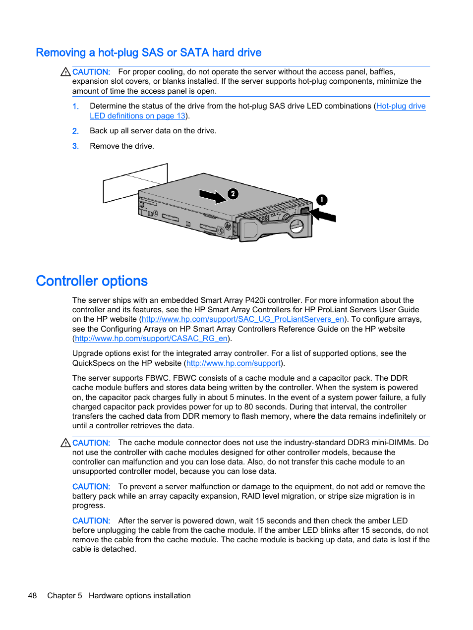 Removing a hot-plug sas or sata hard drive, Controller options | HP DL380z Gen8 Virtual Workstation User Manual | Page 54 / 111
