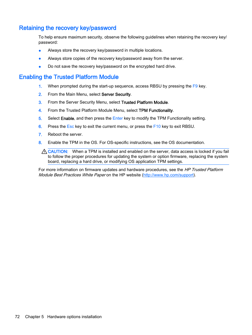 Retaining the recovery key/password, Enabling the trusted platform module | HP DL380z Gen8 Virtual Workstation User Manual | Page 78 / 111