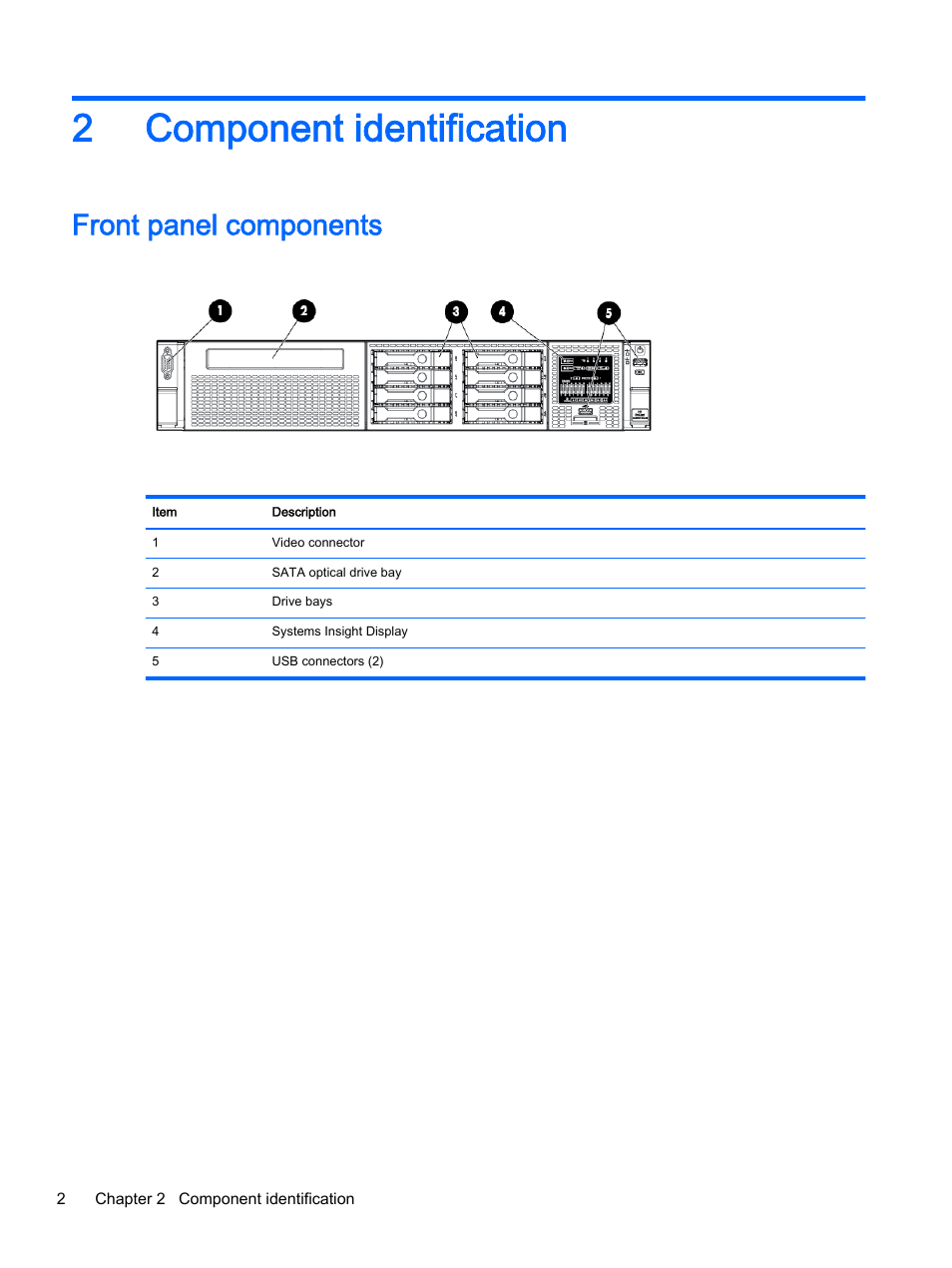 Component identification, Front panel components, 2 component identification | 2component identification | HP DL380z Gen8 Virtual Workstation User Manual | Page 8 / 111