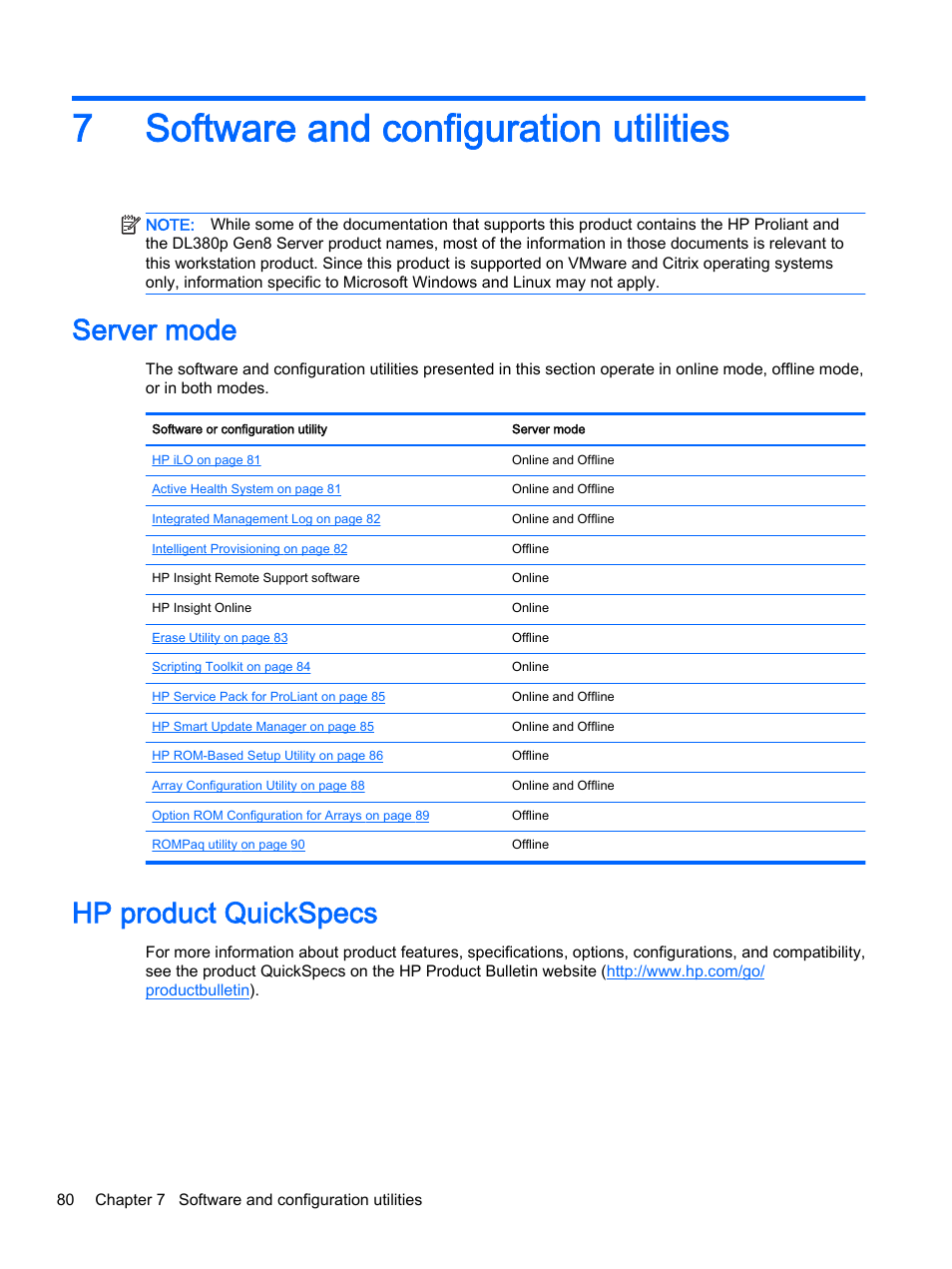 Software and configuration utilities, Server mode, Hp product quickspecs | 7 software and configuration utilities, Server mode hp product quickspecs, 7software and configuration utilities | HP DL380z Gen8 Virtual Workstation User Manual | Page 86 / 111