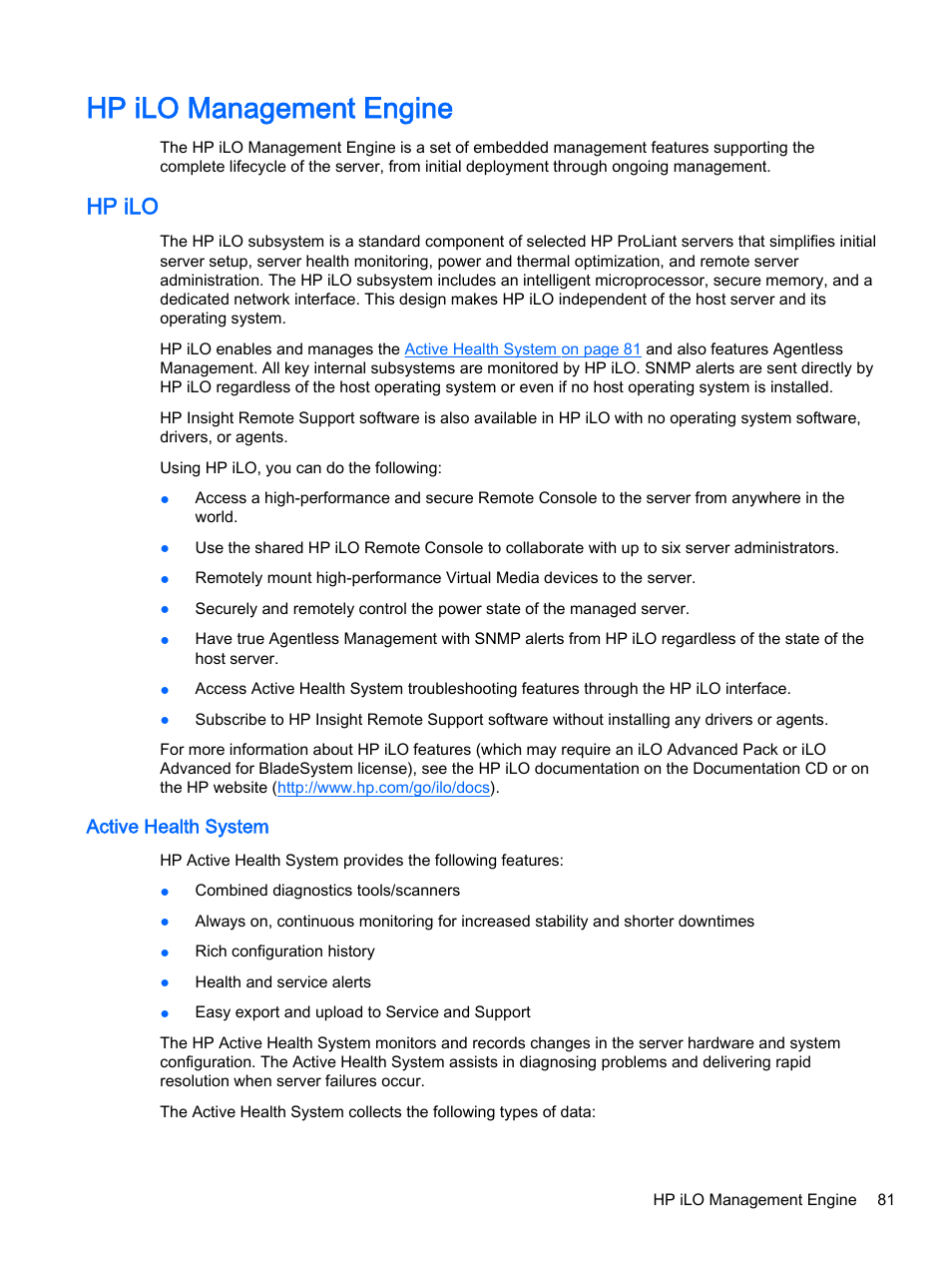 Hp ilo management engine, Hp ilo, Active health system | HP DL380z Gen8 Virtual Workstation User Manual | Page 87 / 111