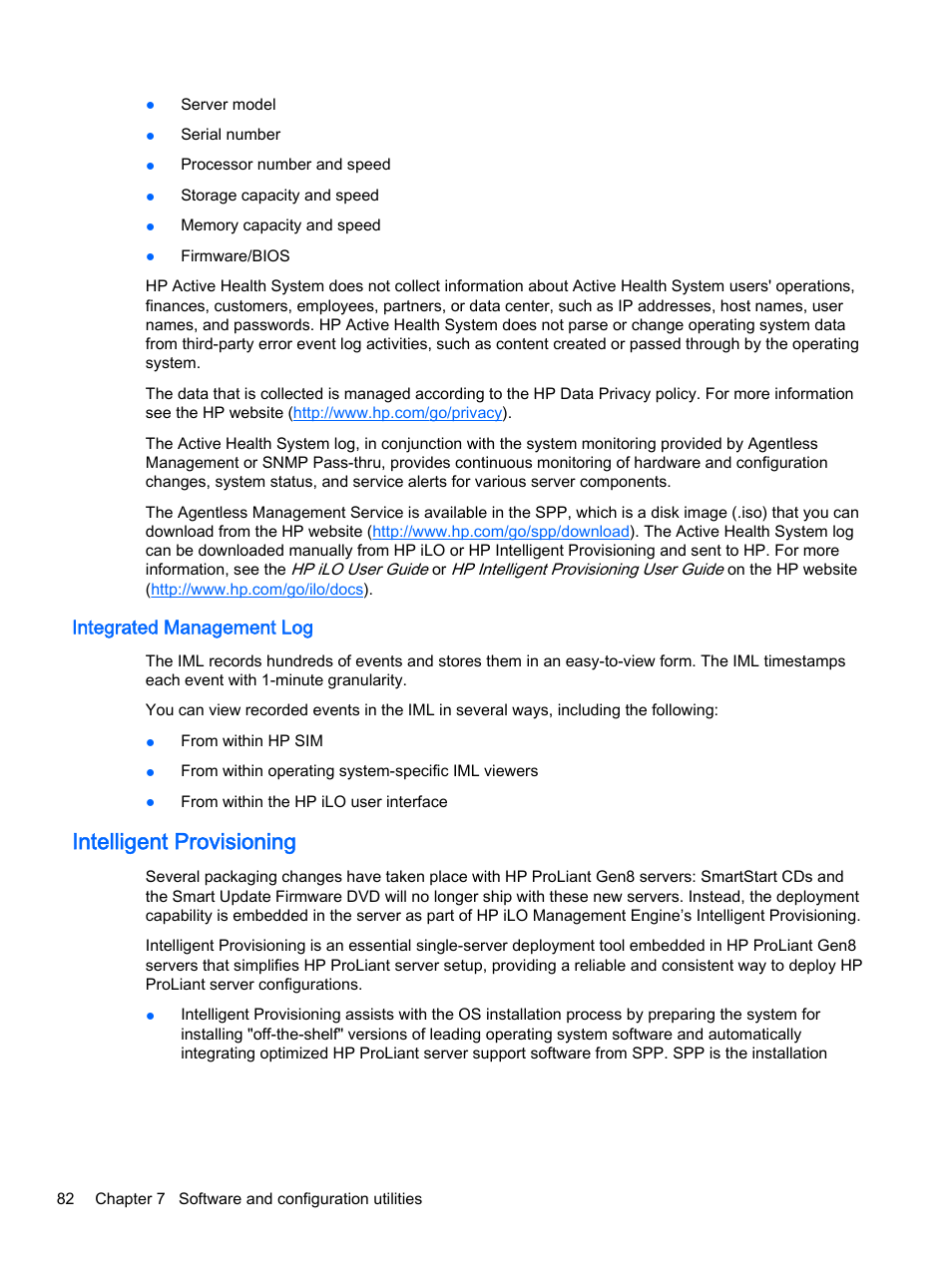 Integrated management log, Intelligent provisioning | HP DL380z Gen8 Virtual Workstation User Manual | Page 88 / 111