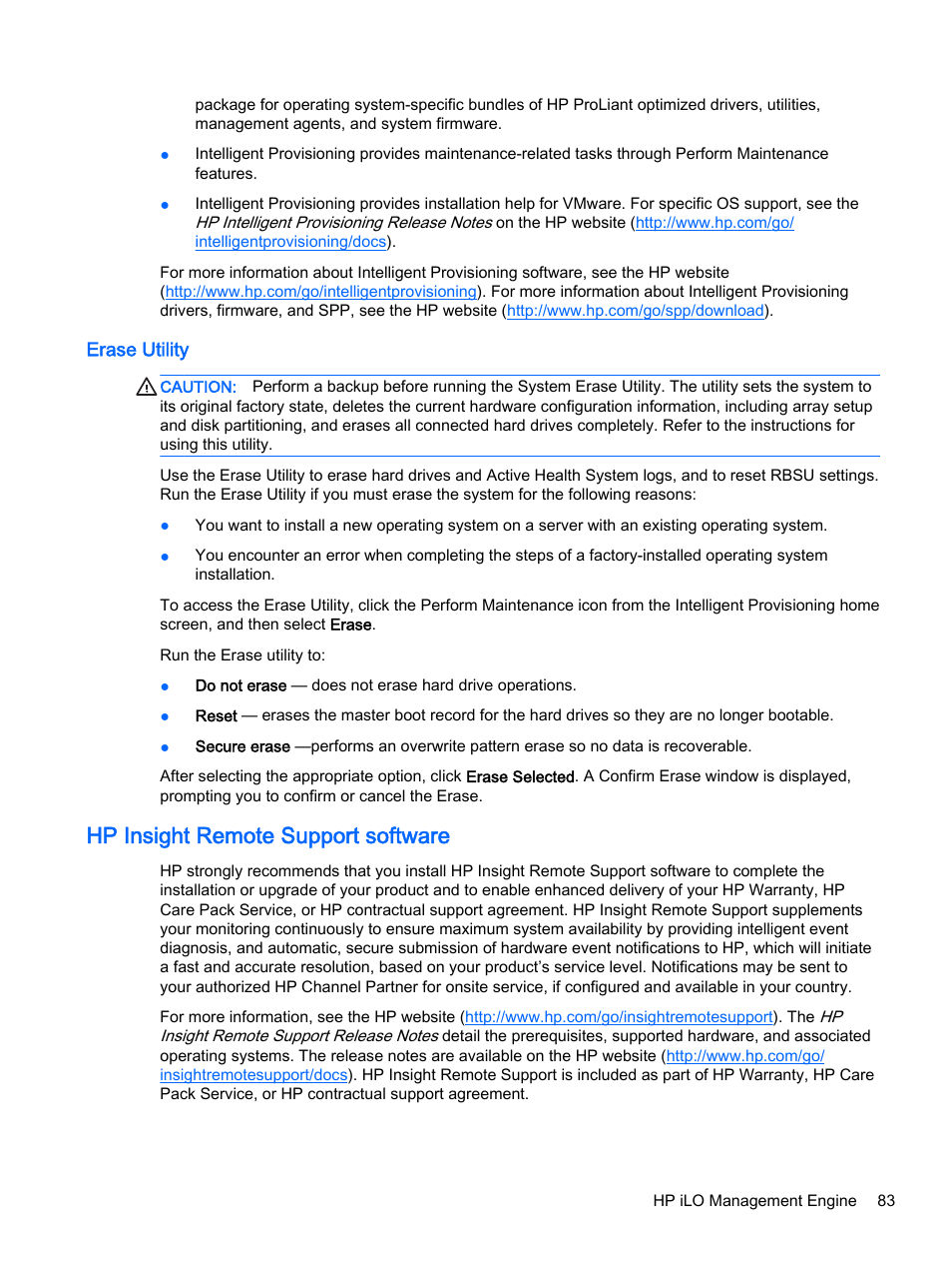 Erase utility, Hp insight remote support software | HP DL380z Gen8 Virtual Workstation User Manual | Page 89 / 111
