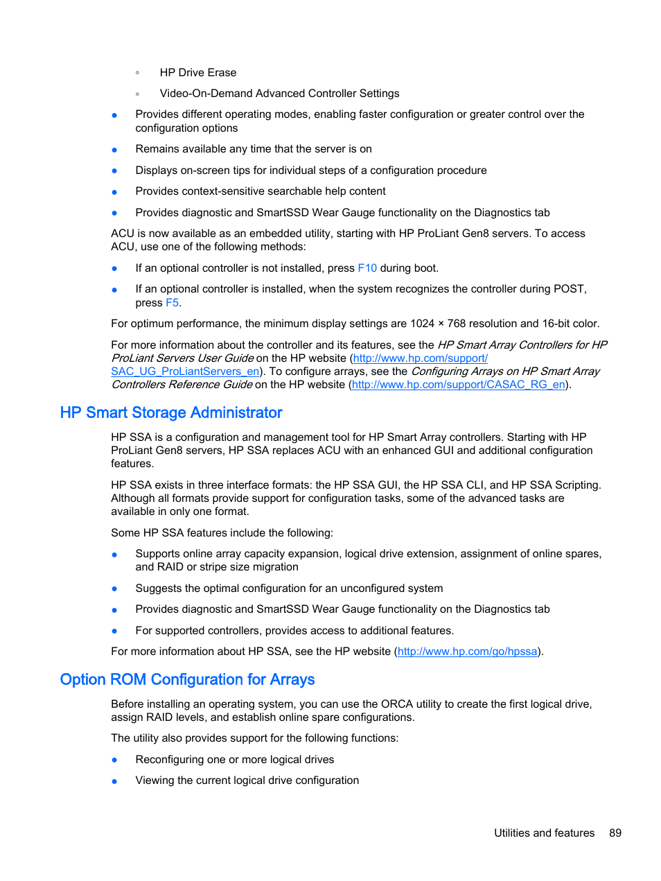 Hp smart storage administrator, Option rom configuration for arrays | HP DL380z Gen8 Virtual Workstation User Manual | Page 95 / 111