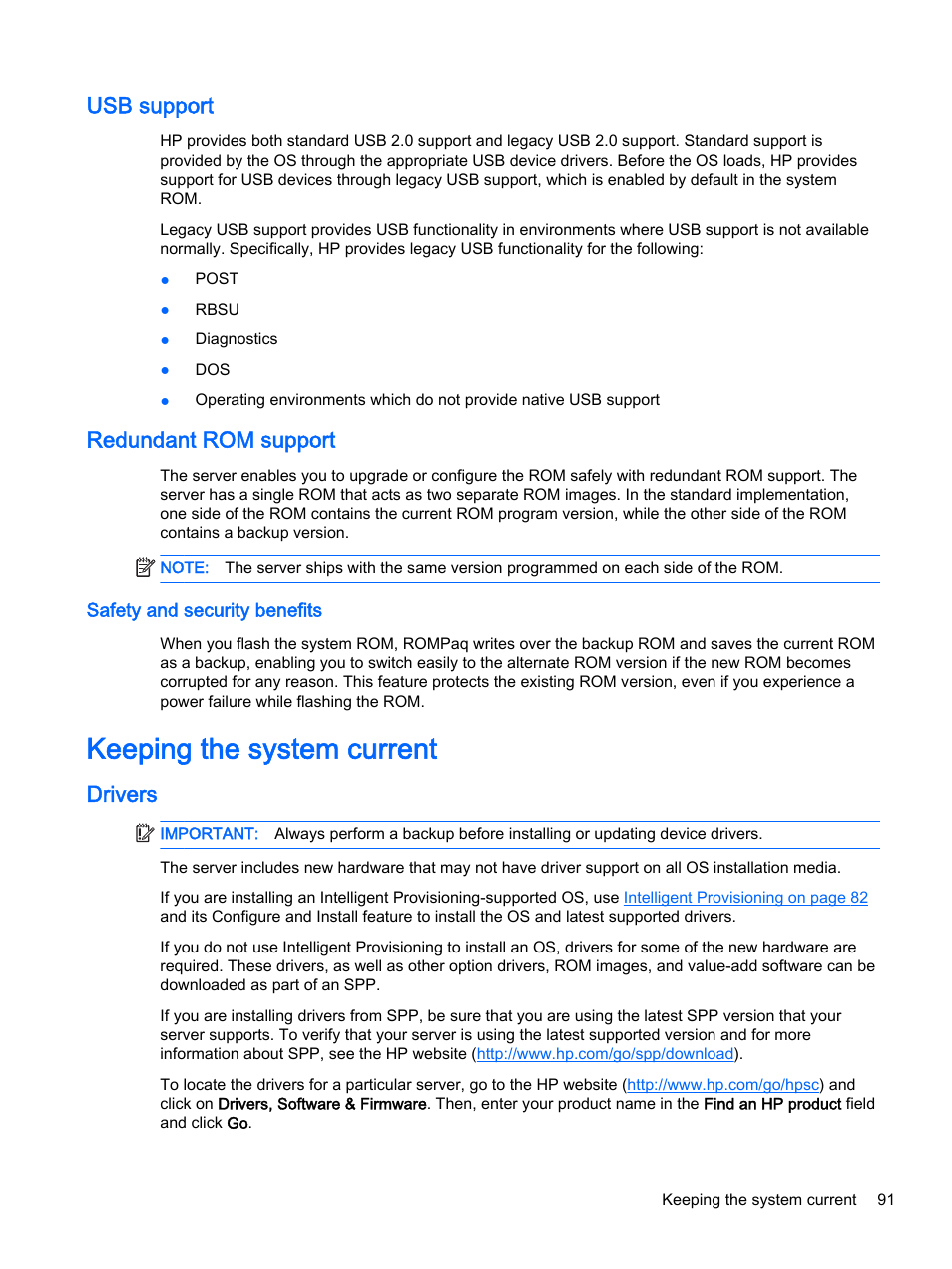Usb support, Redundant rom support, Safety and security benefits | Keeping the system current, Drivers, Usb support redundant rom support | HP DL380z Gen8 Virtual Workstation User Manual | Page 97 / 111