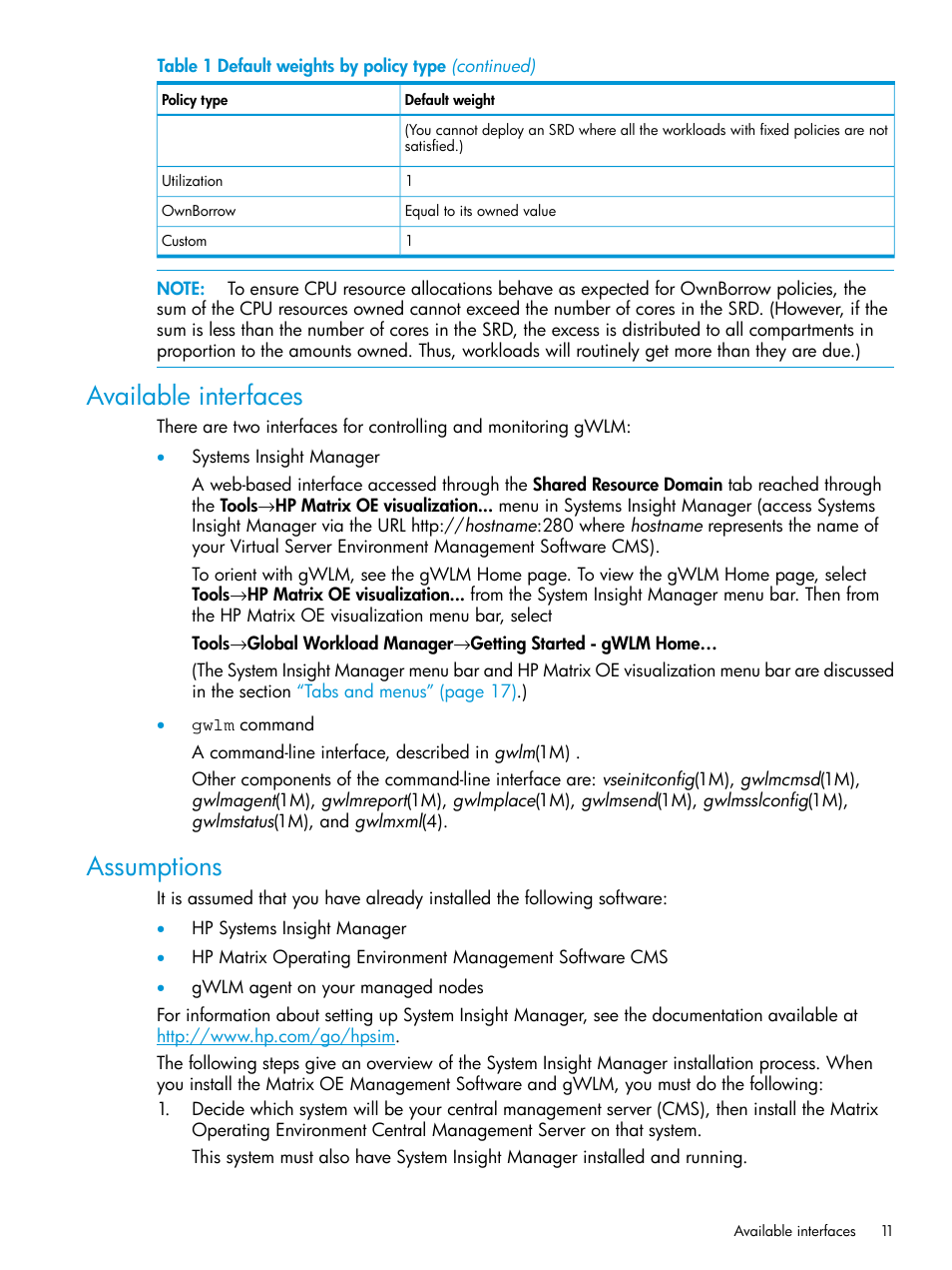 Available interfaces, Assumptions, Available interfaces assumptions | HP Matrix Operating Environment Software User Manual | Page 11 / 70