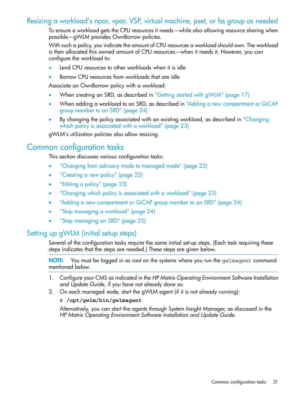Common configuration tasks, Setting up gwlm (initial setup steps) | HP Matrix Operating Environment Software User Manual | Page 21 / 70