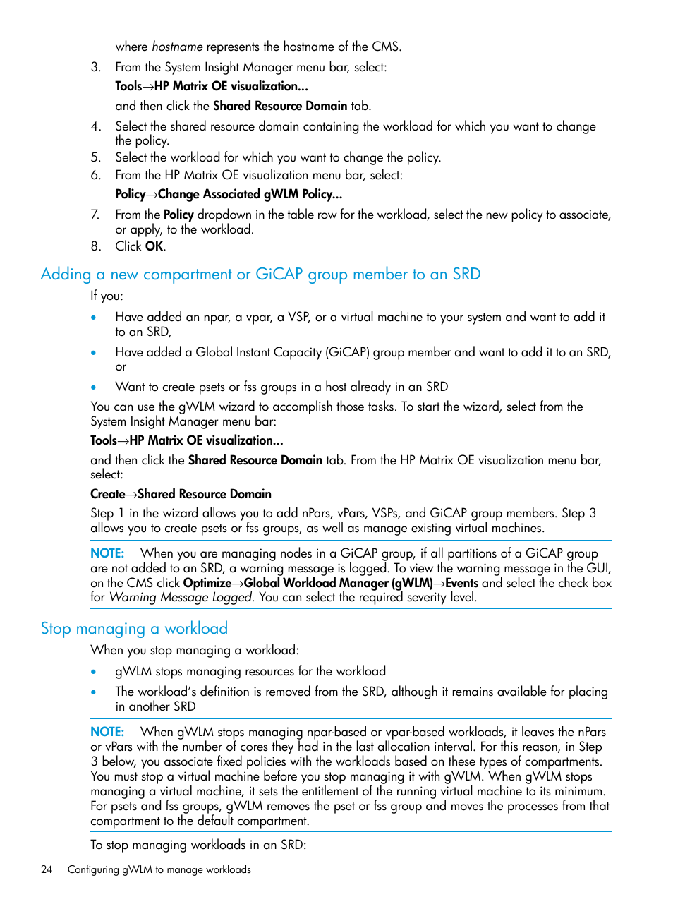 Stop managing a workload, Adding a new compartment or gicap | HP Matrix Operating Environment Software User Manual | Page 24 / 70