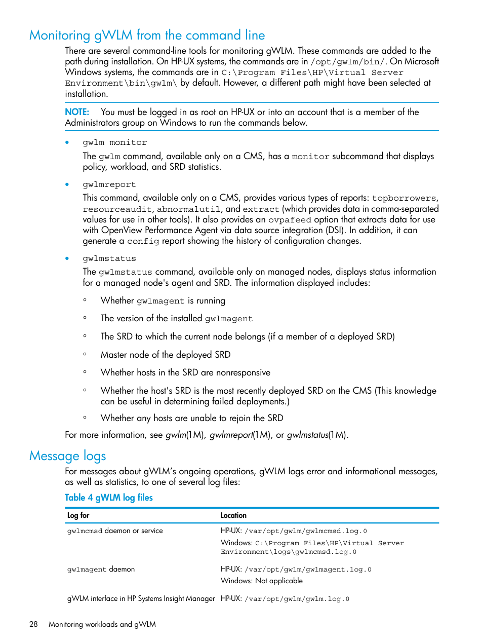 Monitoring gwlm from the command line, Message logs, Monitoring gwlm from the command line message logs | HP Matrix Operating Environment Software User Manual | Page 28 / 70
