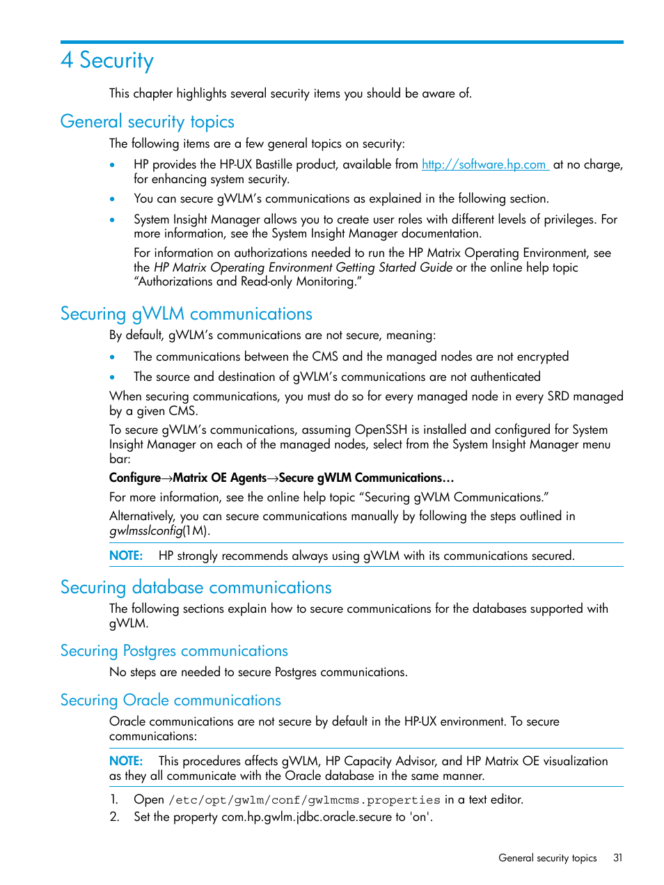 4 security, General security topics, Securing gwlm communications | Securing database communications, Securing postgres communications, Securing oracle communications | HP Matrix Operating Environment Software User Manual | Page 31 / 70