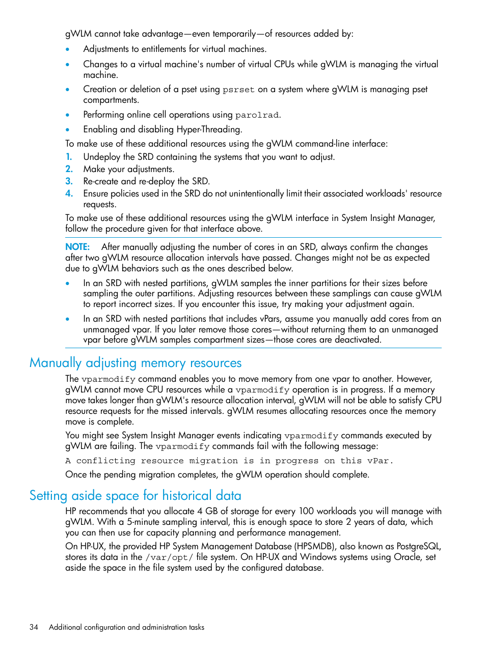 Manually adjusting memory resources, Setting aside space for historical data | HP Matrix Operating Environment Software User Manual | Page 34 / 70