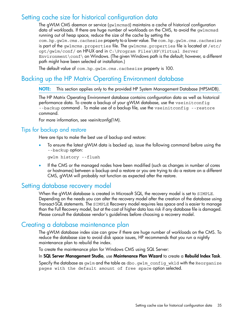 Tips for backup and restore, Setting database recovery model, Creating a database maintenance plan | HP Matrix Operating Environment Software User Manual | Page 35 / 70